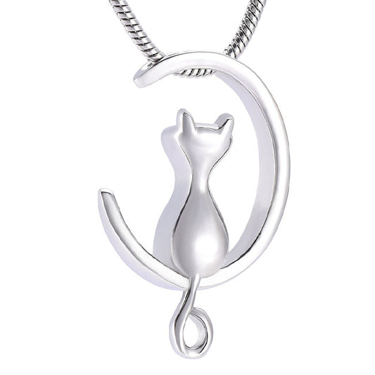 Stainless Steel Keepsake Cat in Moon Pendant